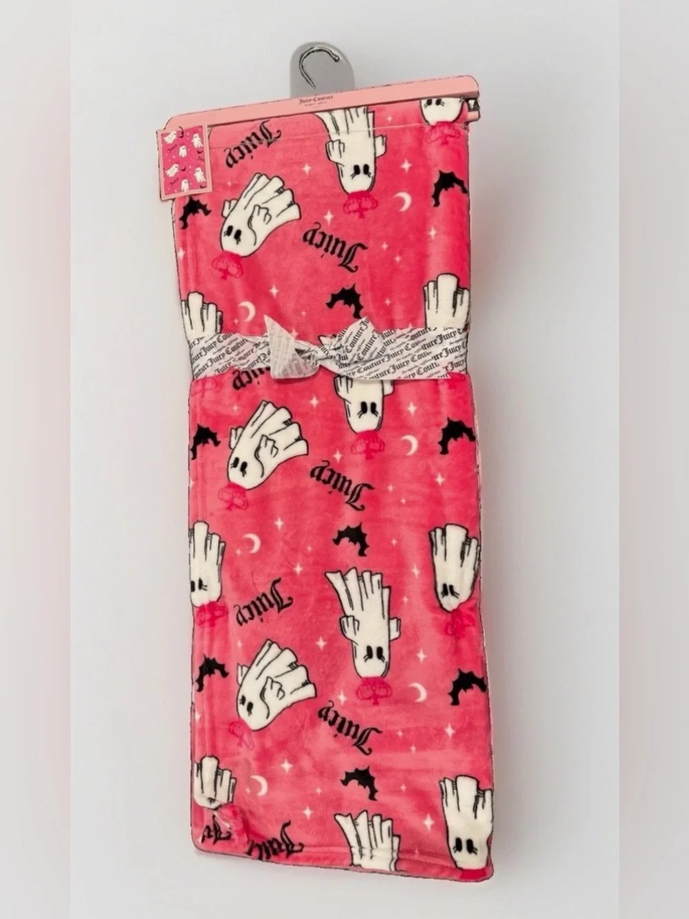Juicy Couture Halloween Pink Ghost Crown, Logo, Bats Plush Throw Blanket 60x70